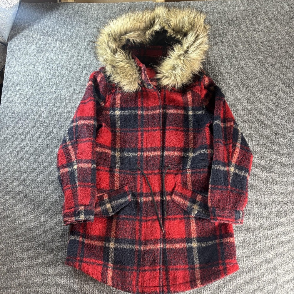 American Eagle Coat Womens Medium Red Plaid Wool Parka Faux Fur Hooded Winter